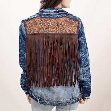ADJKT020 Genuine leather Hand tooled hand carved Women 100% cotton Denim jacket dress ladies girl